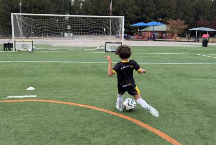 A young boy energetically kicks a soccer ball on a grassy field, showcasing his enthusiasm for the game.